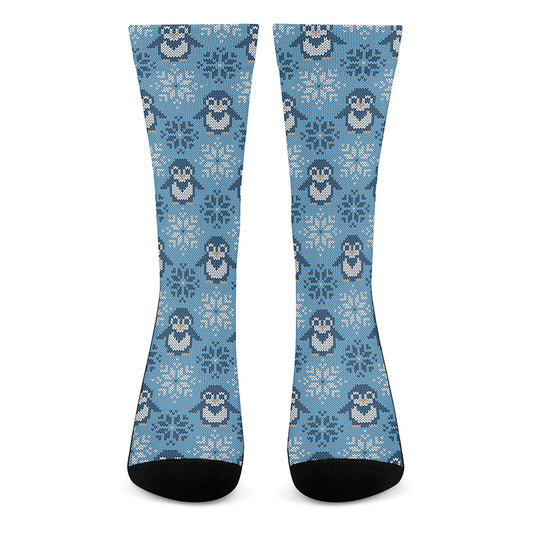 Snowy Penguin Knitted Pattern Print Crew Socks