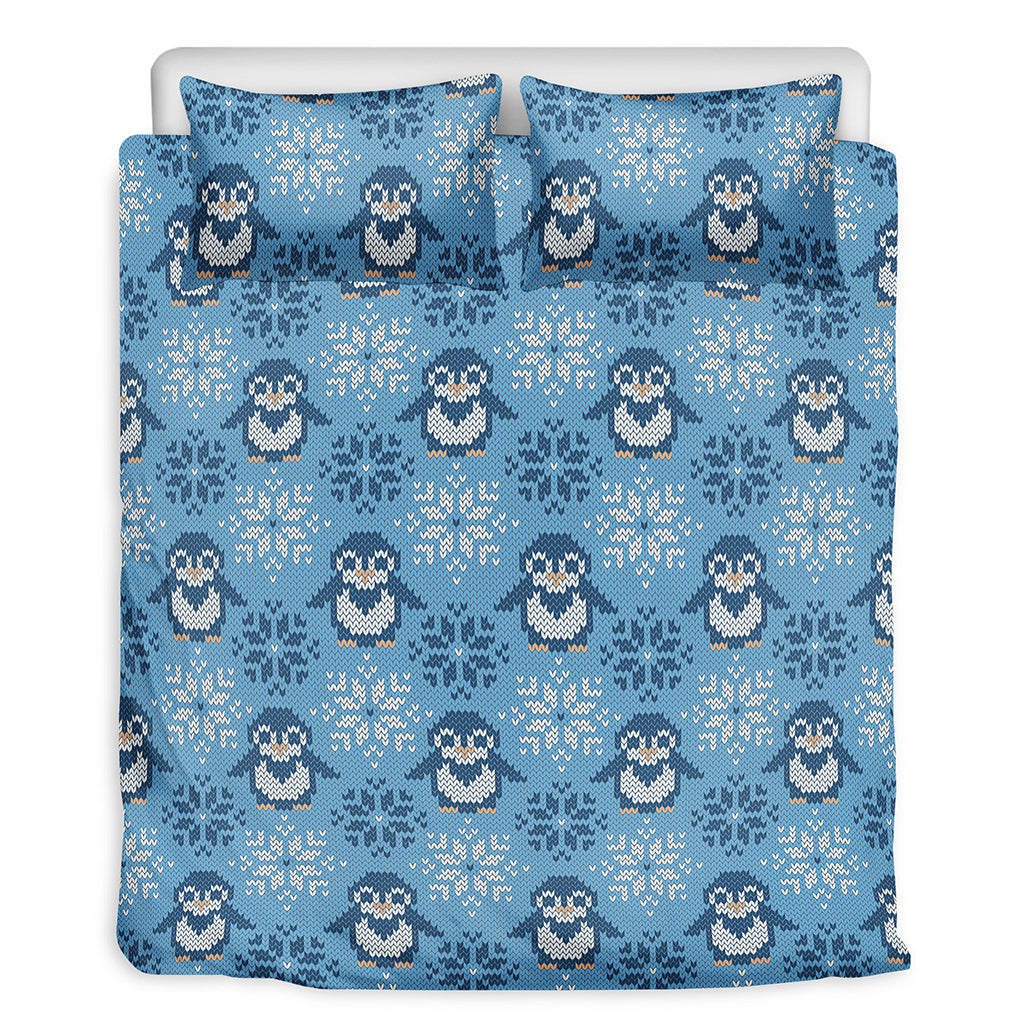 Snowy Penguin Knitted Pattern Print Duvet Cover Bedding Set
