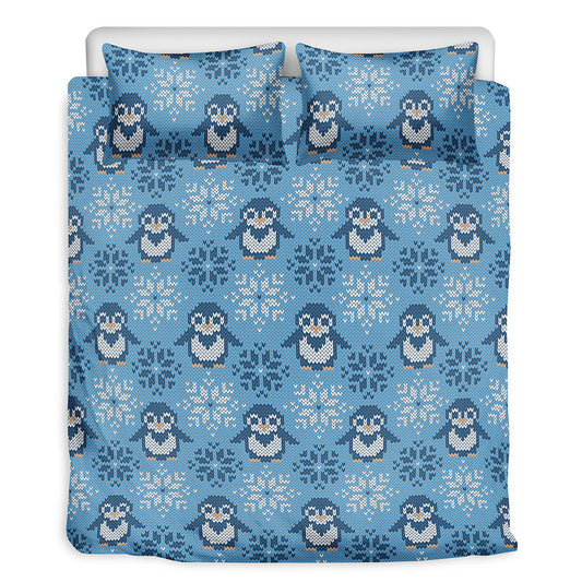 Snowy Penguin Knitted Pattern Print Duvet Cover Bedding Set