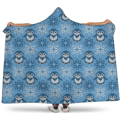 Snowy Penguin Knitted Pattern Print Hooded Blanket
