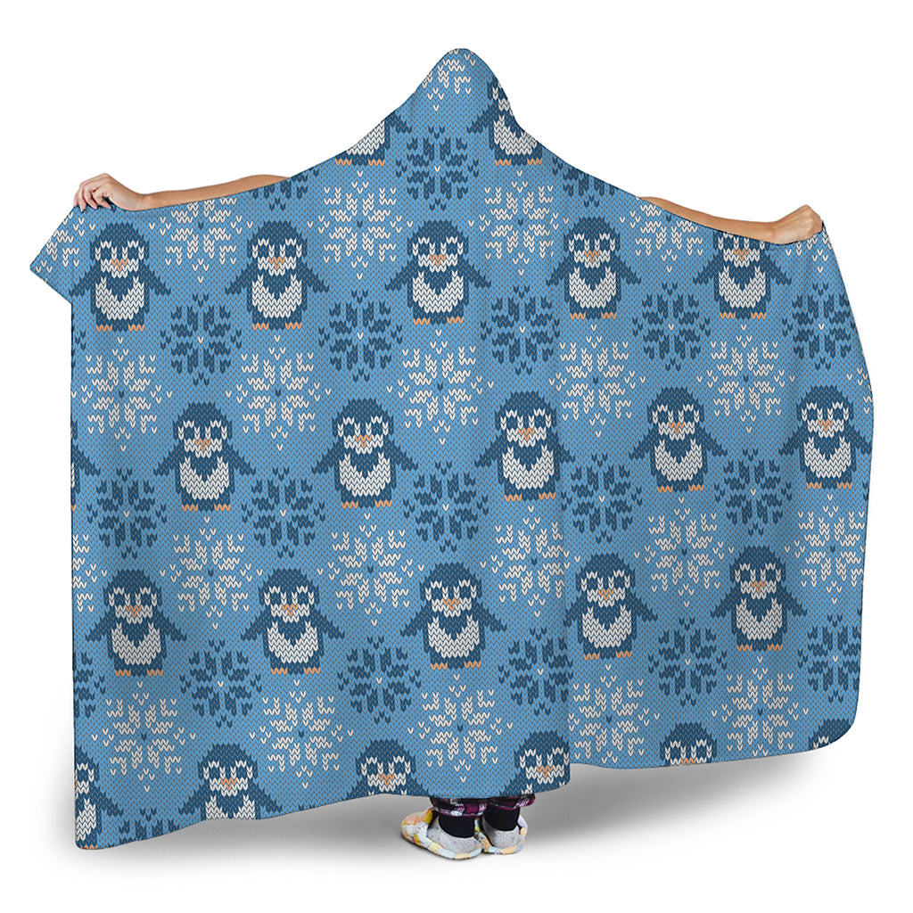 Snowy Penguin Knitted Pattern Print Hooded Blanket