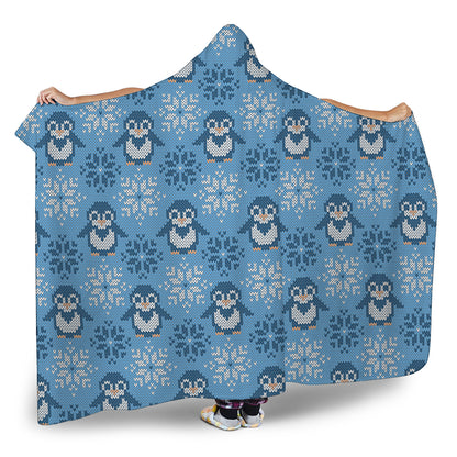 Snowy Penguin Knitted Pattern Print Hooded Blanket
