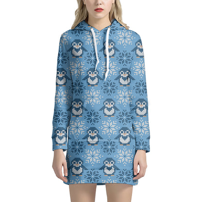Snowy Penguin Knitted Pattern Print Hoodie Dress