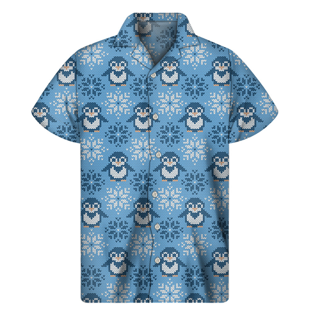 Snowy Penguin Knitted Pattern Print Men's Short Sleeve Shirt