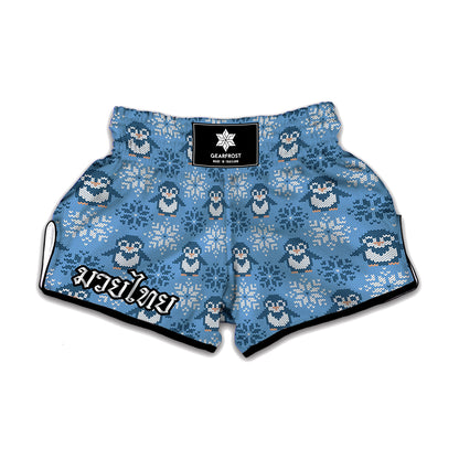 Snowy Penguin Knitted Pattern Print Muay Thai Boxing Shorts
