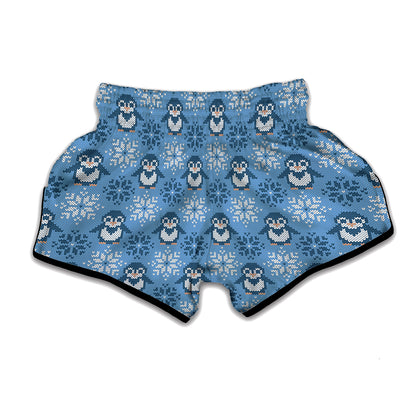 Snowy Penguin Knitted Pattern Print Muay Thai Boxing Shorts