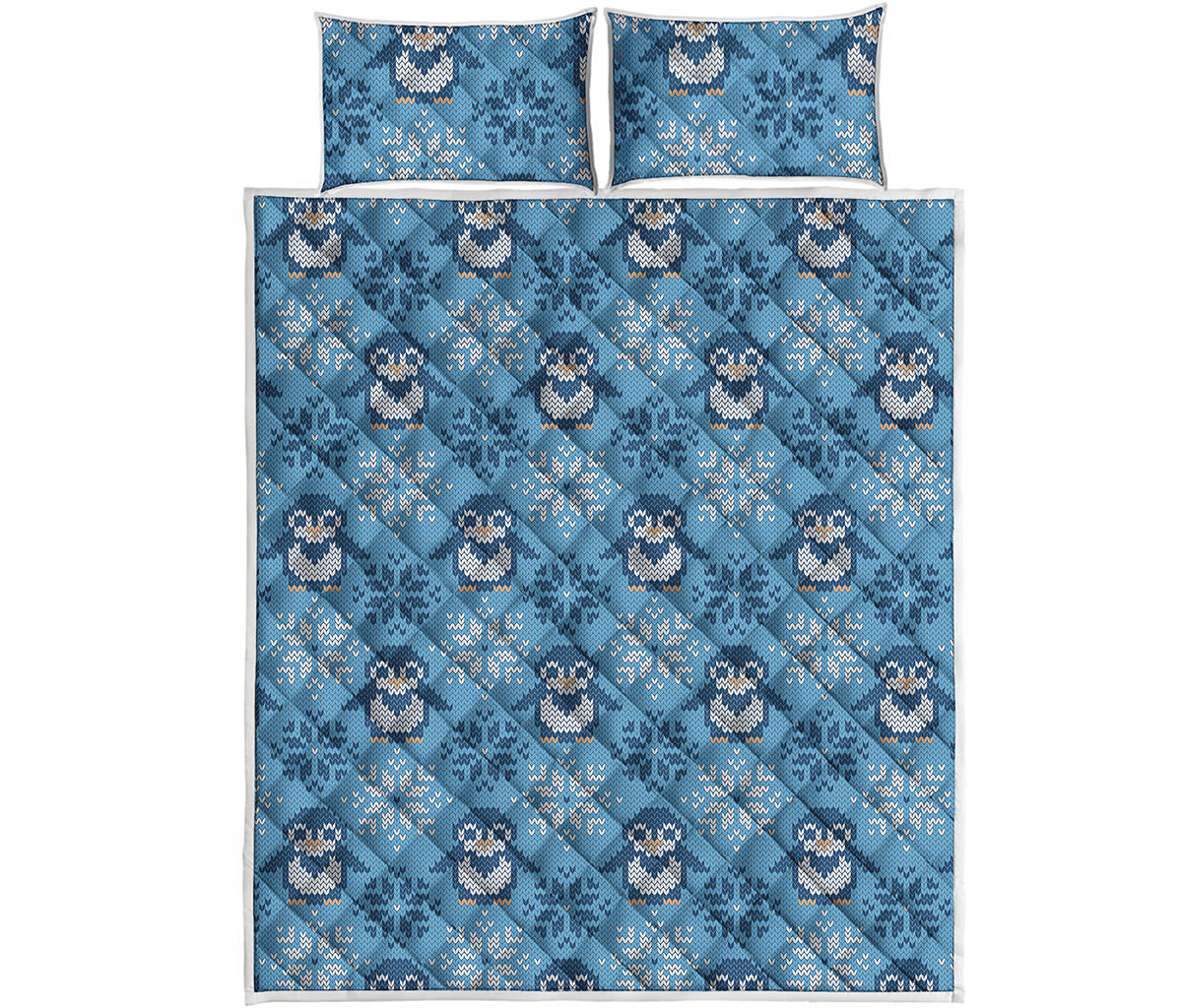 Snowy Penguin Knitted Pattern Print Quilt Bed Set
