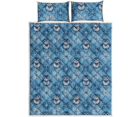 Snowy Penguin Knitted Pattern Print Quilt Bed Set
