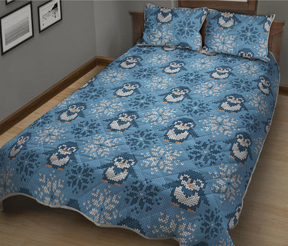 Snowy Penguin Knitted Pattern Print Quilt Bed Set