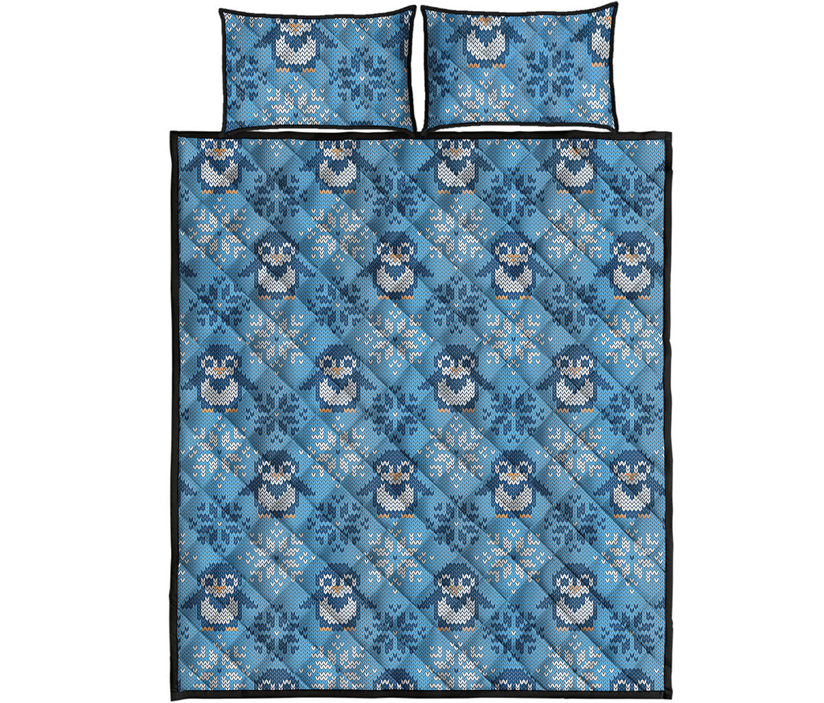 Snowy Penguin Knitted Pattern Print Quilt Bed Set