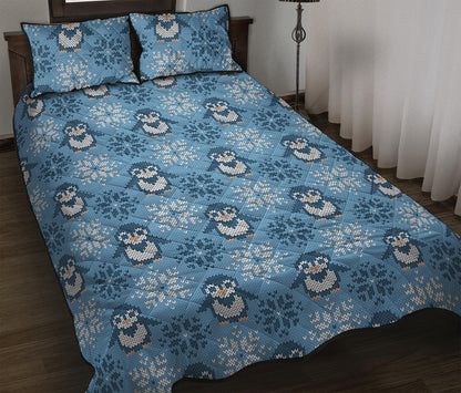 Snowy Penguin Knitted Pattern Print Quilt Bed Set