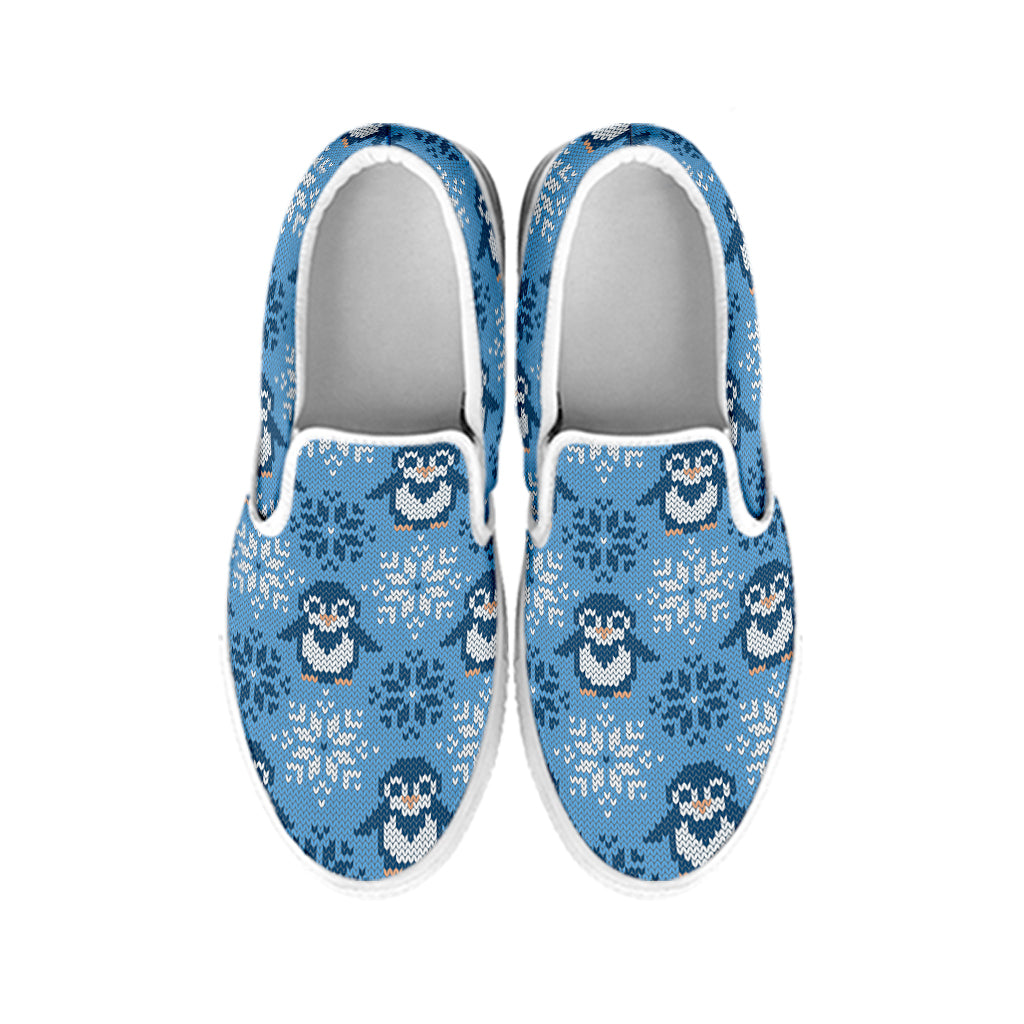Snowy Penguin Knitted Pattern Print White Slip On Shoes