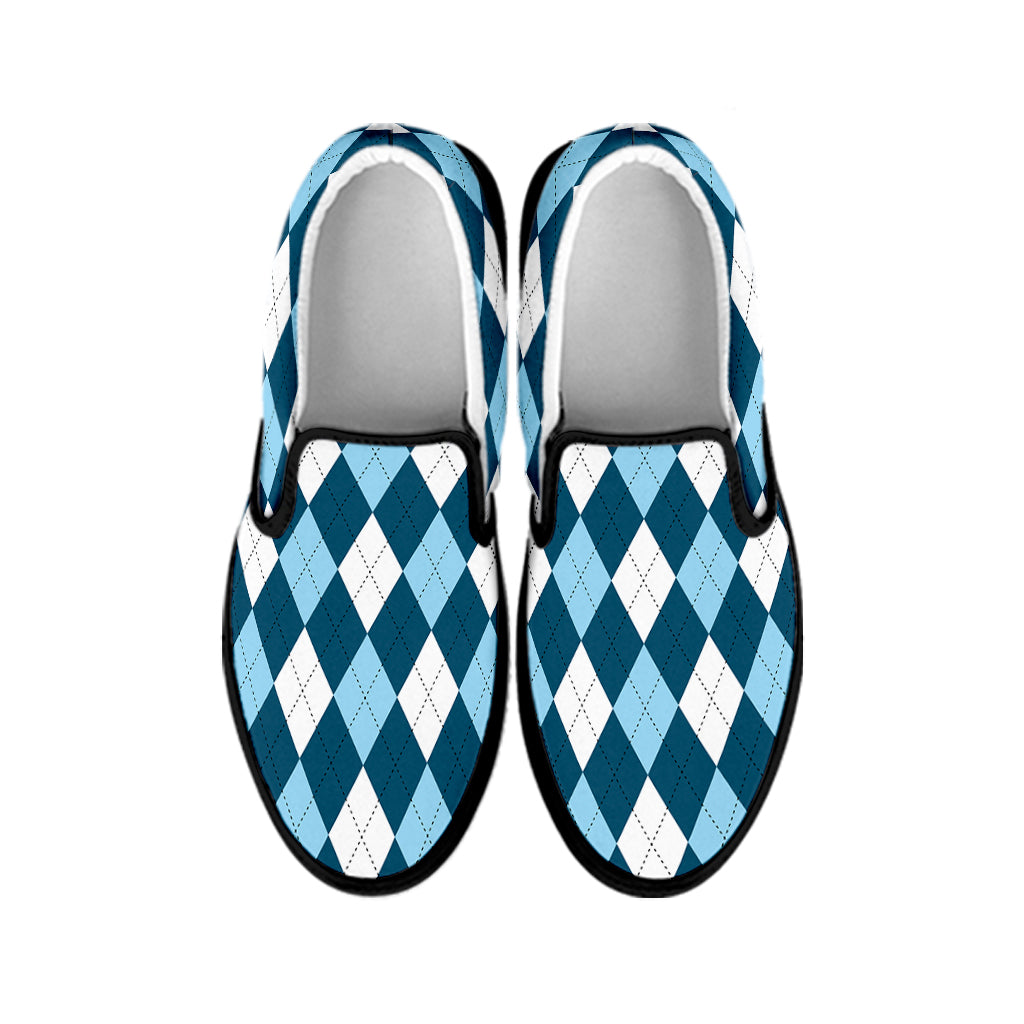 Soft Blue Argyle Pattern Print Black Slip On Shoes