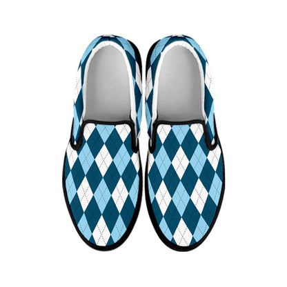 Soft Blue Argyle Pattern Print Black Slip On Shoes