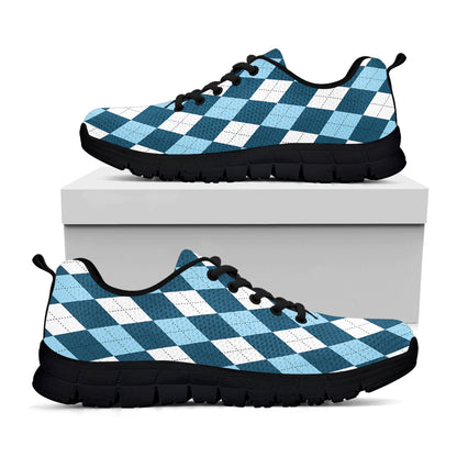 Soft Blue Argyle Pattern Print Black Sneakers