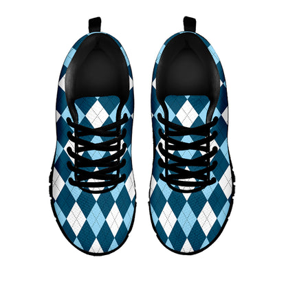 Soft Blue Argyle Pattern Print Black Sneakers