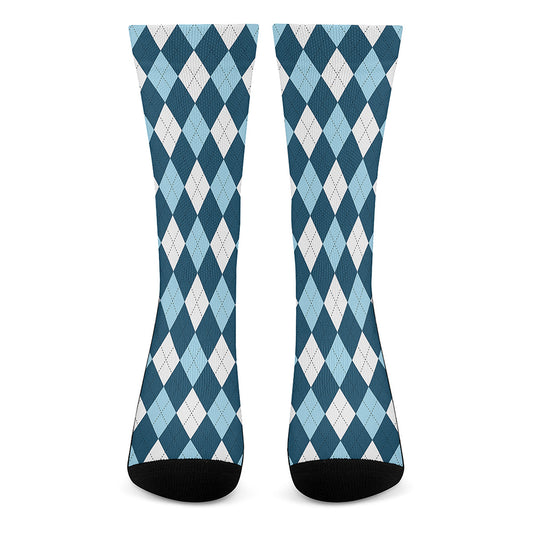 Soft Blue Argyle Pattern Print Crew Socks