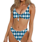 Soft Blue Argyle Pattern Print Front Bow Tie Bikini