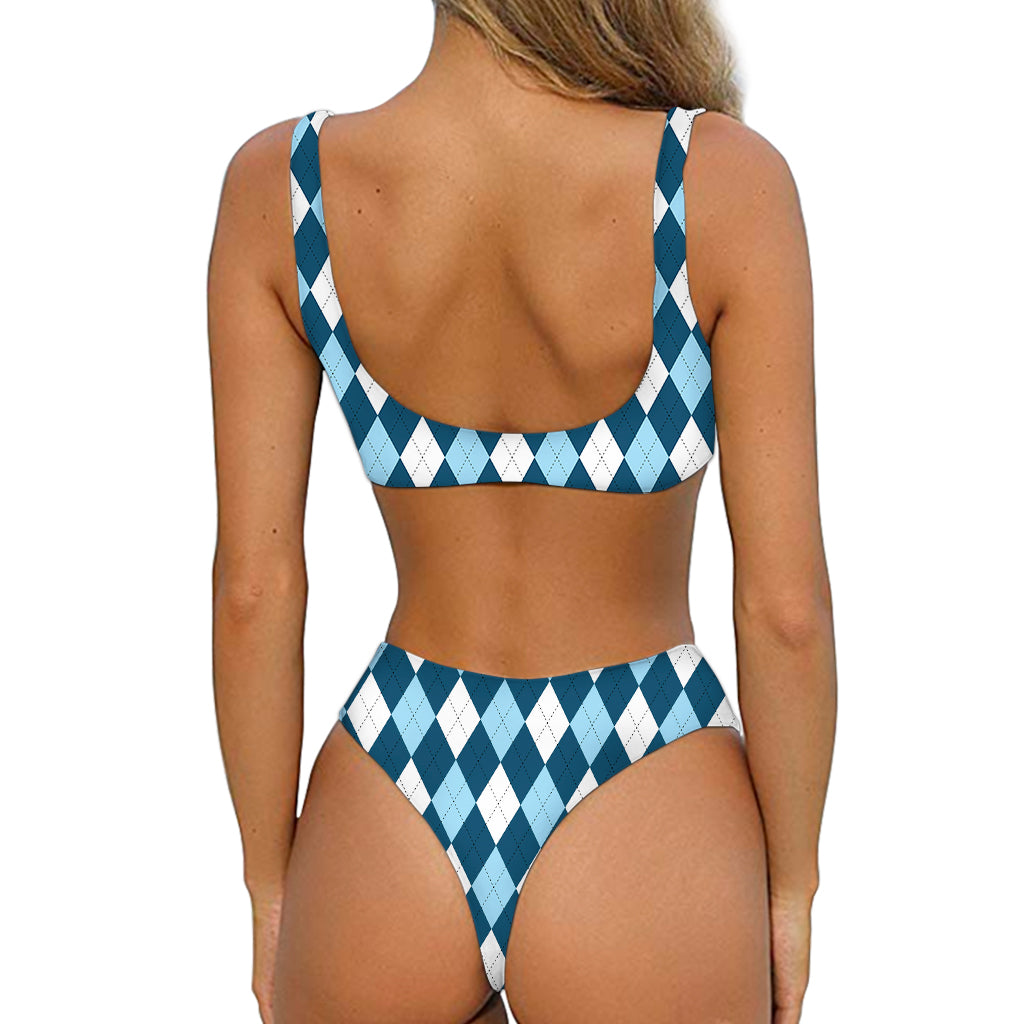 Soft Blue Argyle Pattern Print Front Bow Tie Bikini