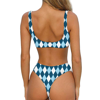 Soft Blue Argyle Pattern Print Front Bow Tie Bikini
