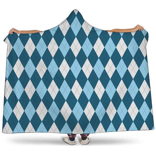 Soft Blue Argyle Pattern Print Hooded Blanket