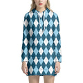 Soft Blue Argyle Pattern Print Pullover Hoodie Dress