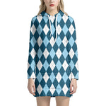 Soft Blue Argyle Pattern Print Hoodie Dress