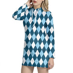 Soft Blue Argyle Pattern Print Hoodie Dress
