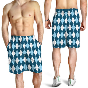 Soft Blue Argyle Pattern Print Men's Shorts