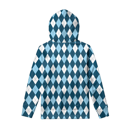 Soft Blue Argyle Pattern Print Pullover Hoodie