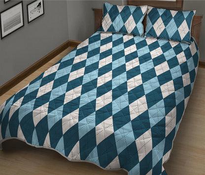Soft Blue Argyle Pattern Print Quilt Bed Set