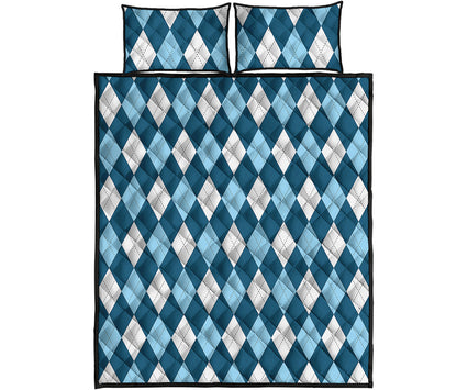 Soft Blue Argyle Pattern Print Quilt Bed Set