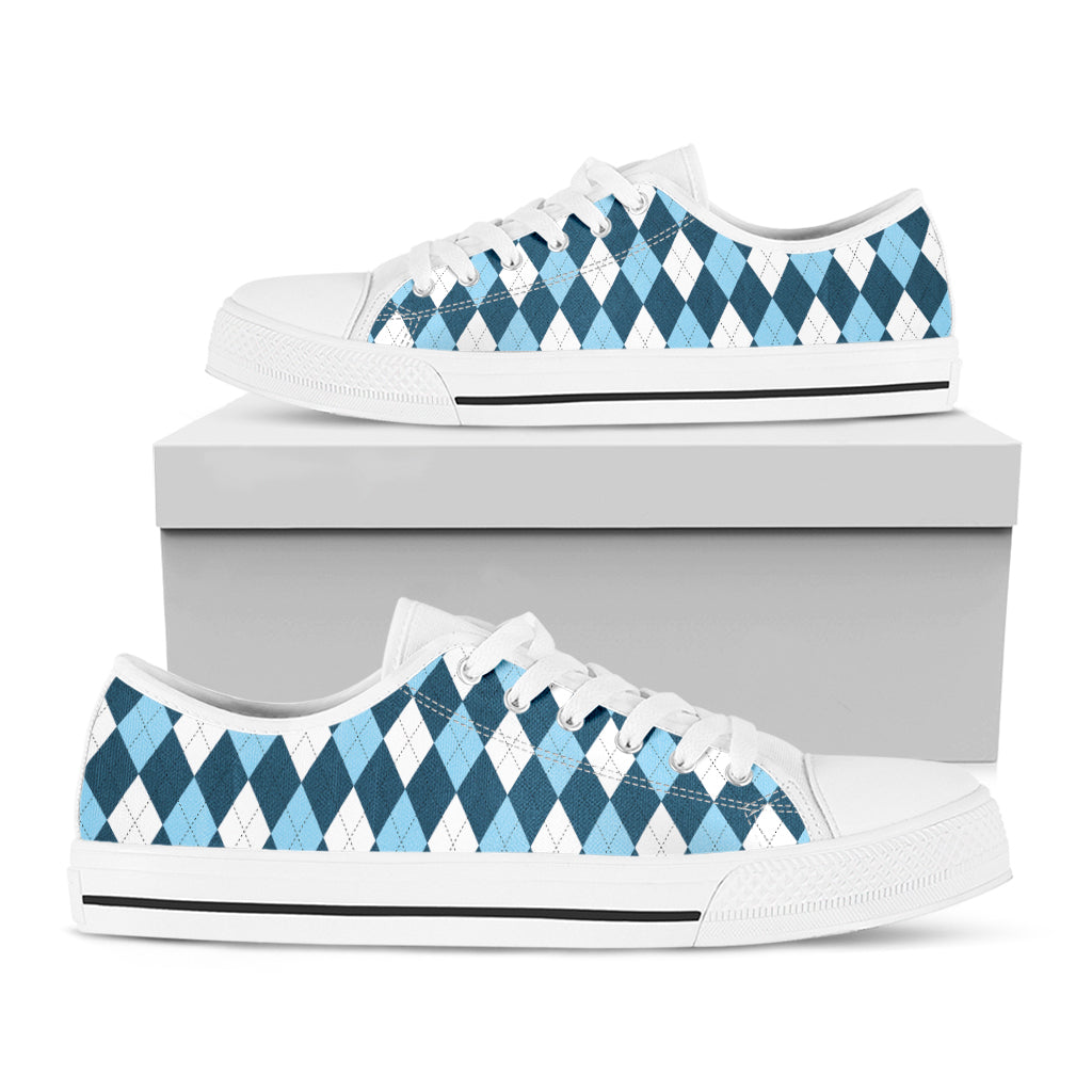 Soft Blue Argyle Pattern Print White Low Top Shoes