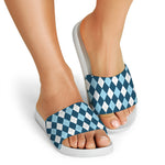 Soft Blue Argyle Pattern Print White Slide Sandals
