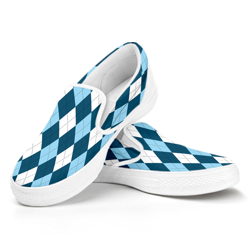 Soft Blue Argyle Pattern Print White Slip On Shoes