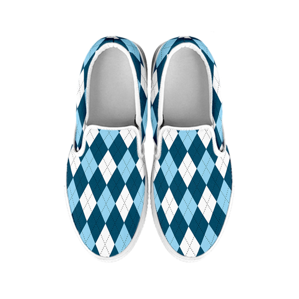 Soft Blue Argyle Pattern Print White Slip On Shoes
