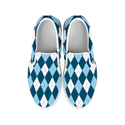 Soft Blue Argyle Pattern Print White Slip On Shoes