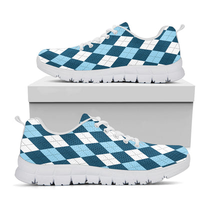 Soft Blue Argyle Pattern Print White Sneakers