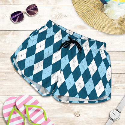 Soft Blue Argyle Pattern Print Women's Shorts