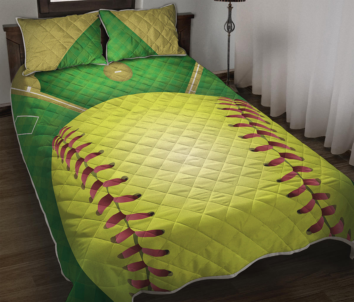 Softball Field And Ball Print Quilt Bed Set