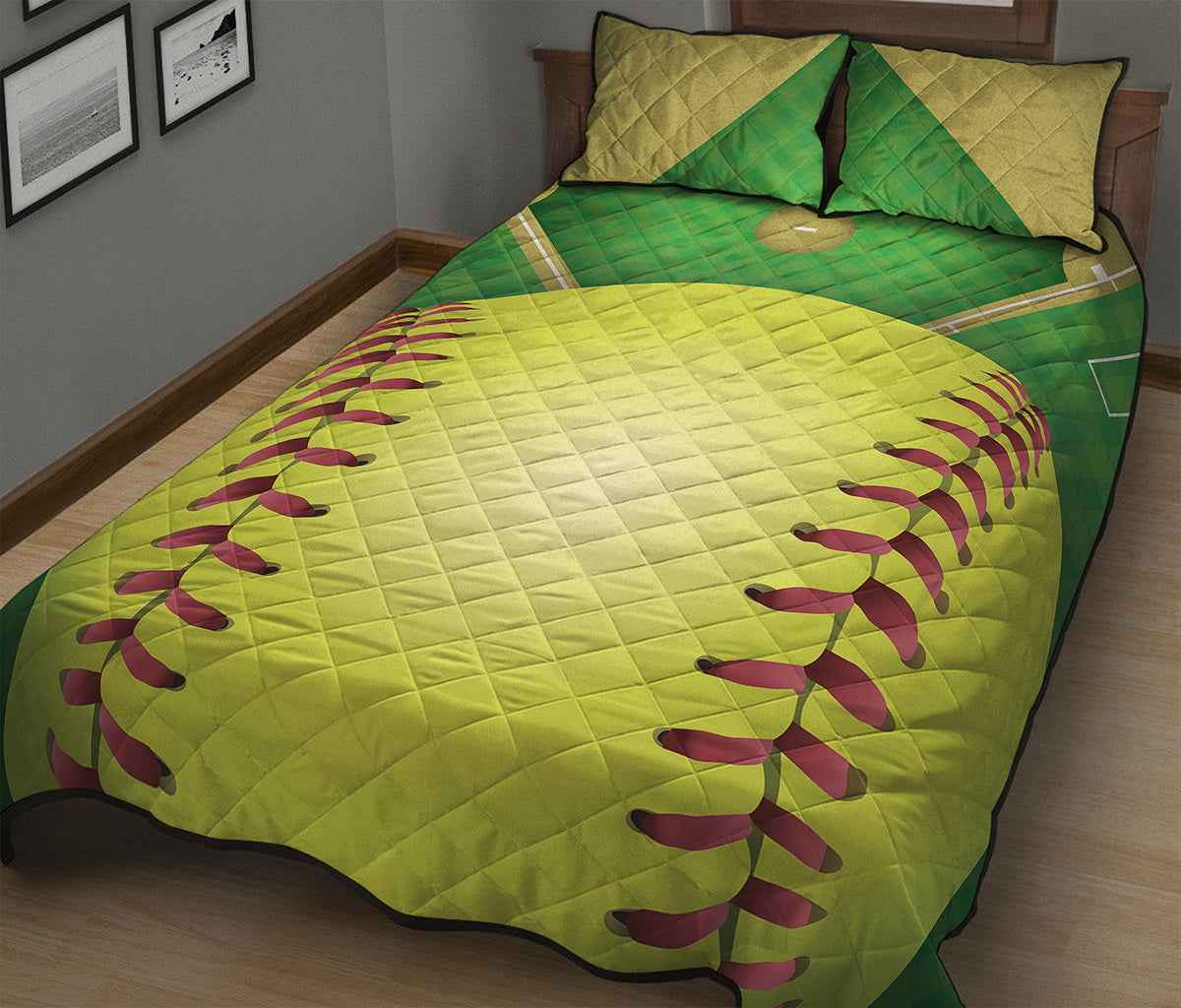 Softball Field And Ball Print Quilt Bed Set