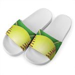 Softball Field And Ball Print White Slide Sandals