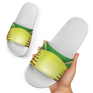 Softball Field And Ball Print White Slide Sandals