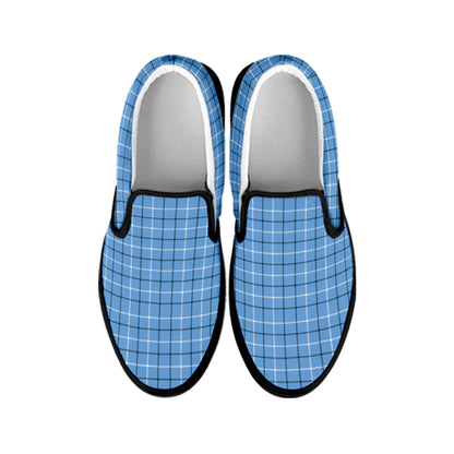 Solf Blue Tattersall Pattern Print Black Slip On Shoes