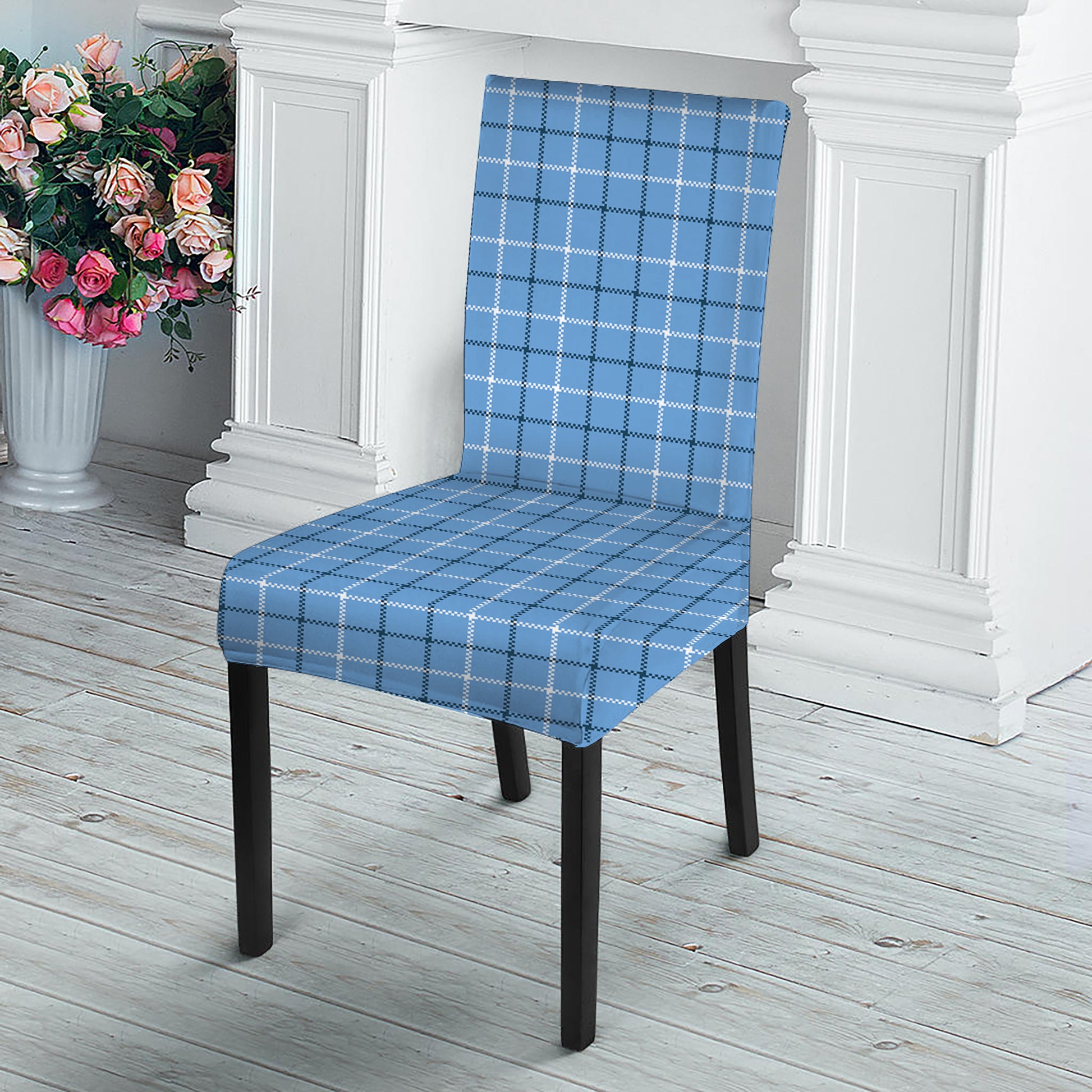 Solf Blue Tattersall Pattern Print Dining Chair Slipcover