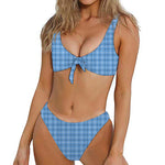 Solf Blue Tattersall Pattern Print Front Bow Tie Bikini
