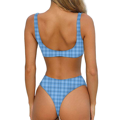 Solf Blue Tattersall Pattern Print Front Bow Tie Bikini
