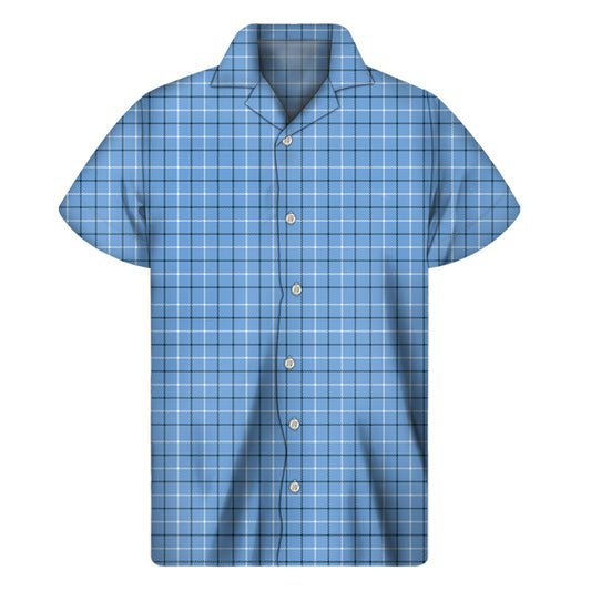 Solf Blue Tattersall Pattern Print Men's Short Sleeve Shirt