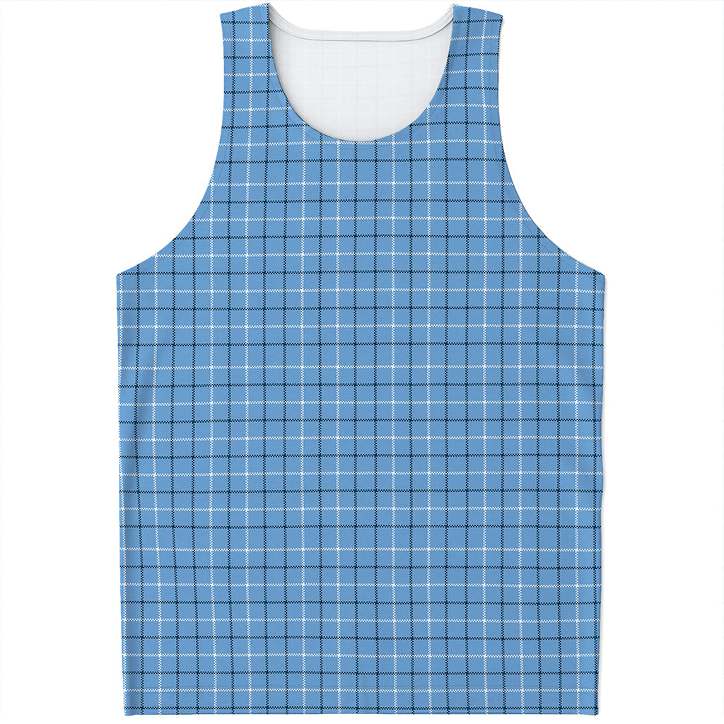 Solf Blue Tattersall Pattern Print Men's Tank Top