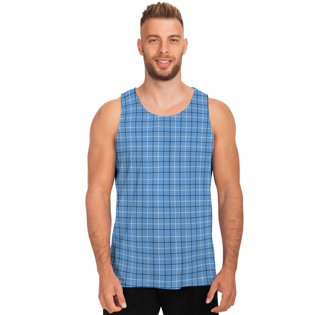 Solf Blue Tattersall Pattern Print Men's Tank Top